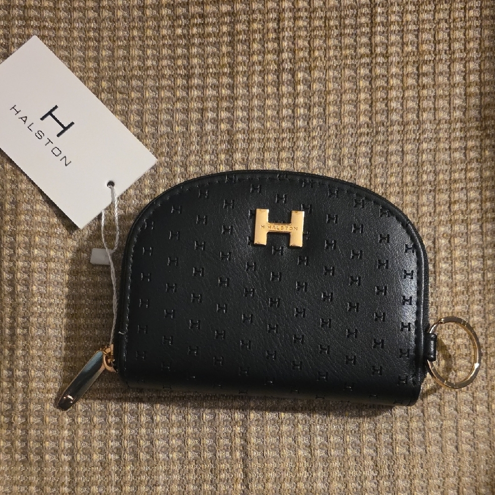 H by Halston Black Leather Zippered Wallet With Goldtone Key Ring